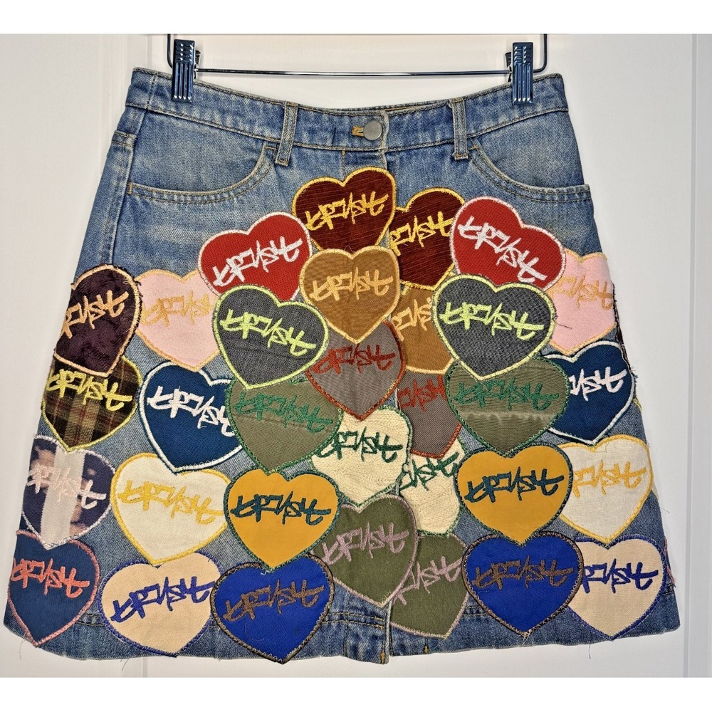 Custom Patchwork Denim Mini Skirt Size‎ 6 Handmade Button Front Cotton